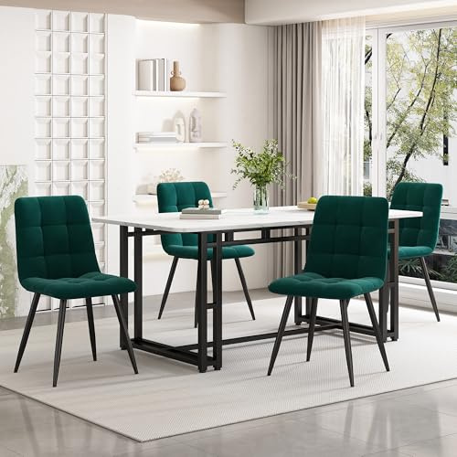 Mesa de Comedor con 4 sillas Tablero de mármol Patas de Metal Juego de Comedor 5 Piezas para 4 Personas Juego de Mesa de Cocina Rectangular para Comedor Sala de Estar Grupo de Asientos Verde