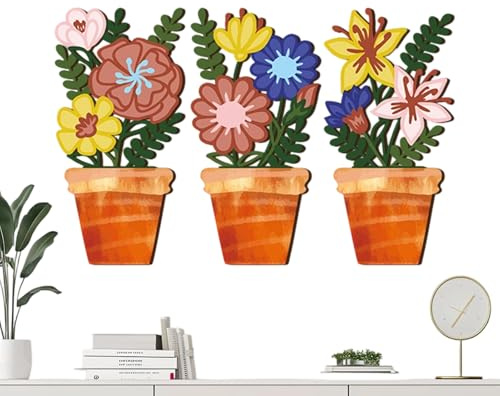 Sghtil - Cuadro mural de flores, 3 piezas, estilo campaña boho | Escultura floral de madera para pared, para dormitorio, cuarto de baño, comedor, café, hotel