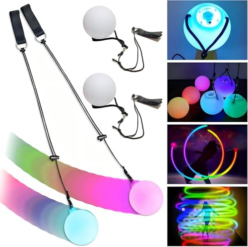 Capgoost Lot de 2 balles LED POI lumineuses, balles de jonglage LED POI lumineuses, jouet de cirque, frisbee lumineux, set de jonglage POI lumineux pour adultes, jouet lumineux pour débutants et