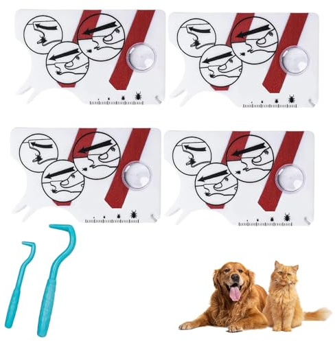 Fayemint Lot de 4 cartes à tiques avec loupe, crochet à tiques, avec loupe, nettoyage rapide des tiques, pour humains, chiens et chats