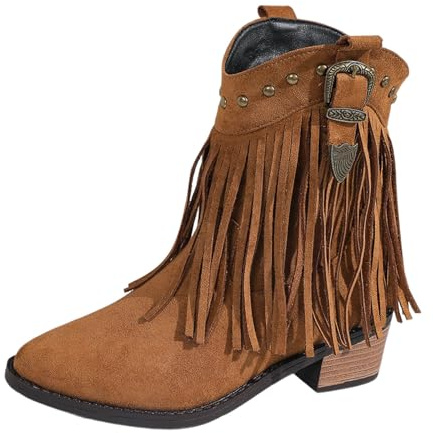 Generisch Damen Wildleder Cowboystiefel mit Fransen Blockabsatz Cowgirl Stiefeletten Faschingskostüme Damen Camperos Stiefel Leder Stiefeletten Western-Party Karneval Kostüm