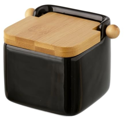 Home Line Salero Cuadrado de cerámica con Tapa de Madera (12x12x11 cm). Color Negro