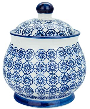 Nicola Spring Patterned Sugar Bowl with Lid - Navy - Pack of 1 - Porcelain Hand Printed Sugar Pot China Kitchen Salt Jar Seasoning Spice Storage Container