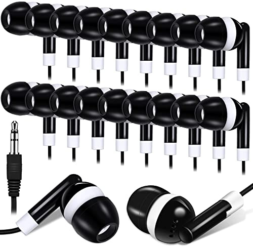 Konohan 100 Pcs Bulk Earbuds with Wire Basic Headphones in Ear for Libraries Laptop, No Microphone 3.5 mm Jack Earbuds Dot Headphones, Individually Bagged (Black)
