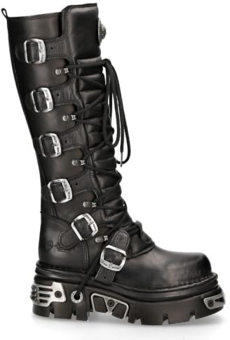 New Rock 272-S1 Bottes Hautes Gothiques Emo en Cuir Noir Métallisé Avec Lacet et Fermeture à Boucle