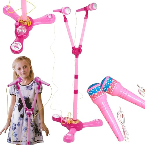 Microfono Giocattolo con Asta e Luci Microfono Bambino Bambina Doppio Microfono Karaoke con 2 Microfoni,Asta Regolabile,Altoparlante,Basi Musicali e Effetti Luminosi,Microfono ad Asta Gran Concerto