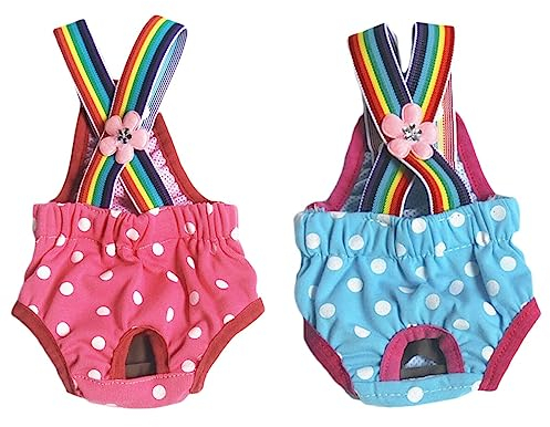 Oyccen 2 Stück Punkte Hygiene Sanitärhose für Kleine Hunde Welpen Windel Waschbar Hosenträger Höschen Physiologische Unterwäsche