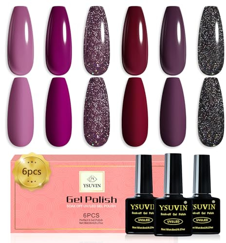 YSUVIN Smalto Semipermanente, 6 Colori Vino Rosso Viola Scuro Glitter Nero Viola Smalto Semipermanente Unghie, Gel Unghie Soak Off UV/LED Lampada Smalto Gel Diy Manicure Nail Art Set, 8ml