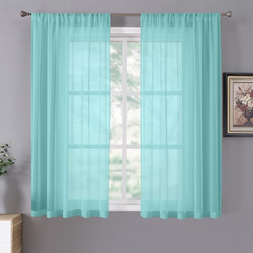 Tollpiz Cortinas traslúcidas con textura de lino para sala de estar, cortinas transparentes de gasa con bolsillo para cortinero para dormitorio, 38 x 63 pulgadas de largo, azul cristal, juego de 2