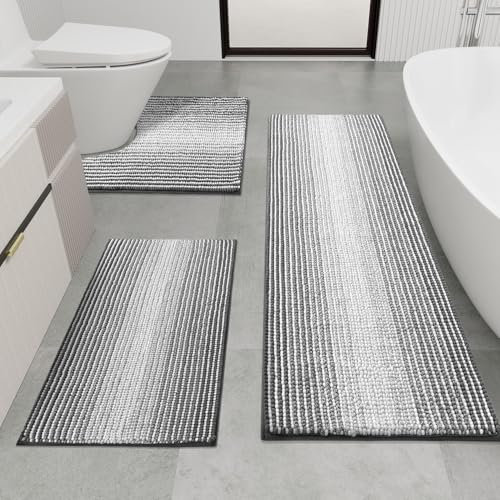 chakme Chenille Badezimmerteppich Set, extra dick rutschfeste Badematte 3 Teile, waschbare saugfähige Badvorleger wc Teppich, Grau