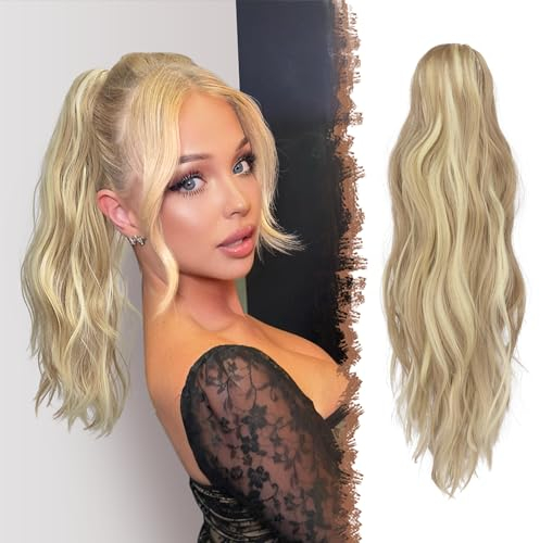 FESHFEN Ondulato Coda Capelli Extension Pinza, Coda Extension con Pinza Posticcio 50 cm Clip Coda di Cavallo Ondulata Estensioni dei Capelli Sintetici per Donne, Biondo Scuro Cenere
