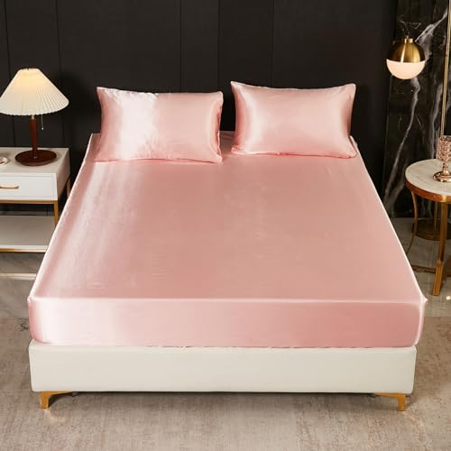 Freyamy Spannbettlaken 180x200cm Rosa Satin Luxus Spannbetttuch Unifarben Seide Glänzend Spannbetttücher Uni Seidig Glatt Sommer Spannleintuch Bettlaken für bis 25-35cm Matraze Spannbetttücher