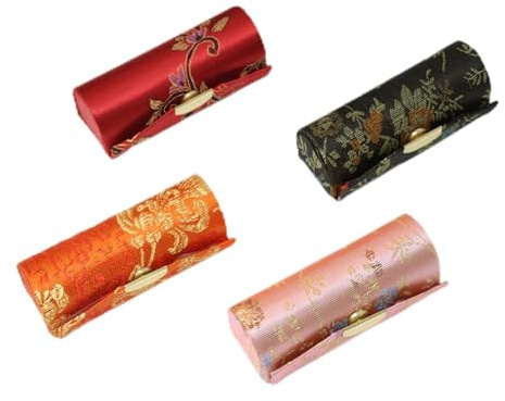 yueton 4 Pack Chinese Style Brocade Lipstick Case Unique Woven Satin Lipstick Holder Lipstick Box with Mirror for Women, Random Colors
