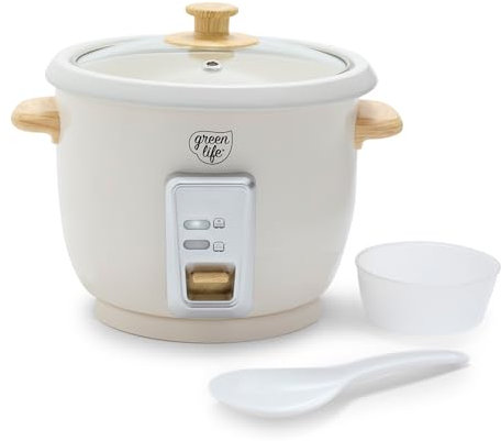 GreenLife Rice Cooker with Removable PFAS-Free Ceramic Nonstick Pot, 3-Cups Uncooked/6-Cups Cooked, Grains & Oatmeal Multicooker, Compact One-Switch Design, Auto Keep Warm, Easy Clean, Cream