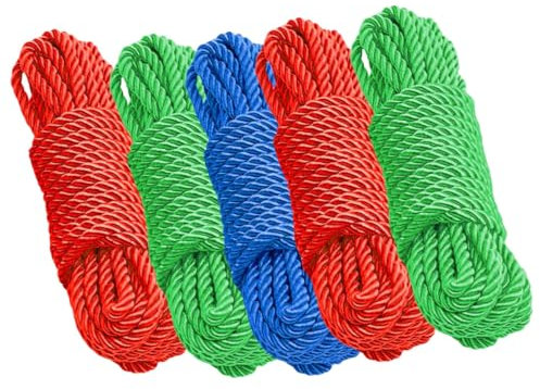 Pack of 5 Strong Poly Rope, 10m, Pully Line, Rot-Proof, Polypropylene, Waterproof Multicolours