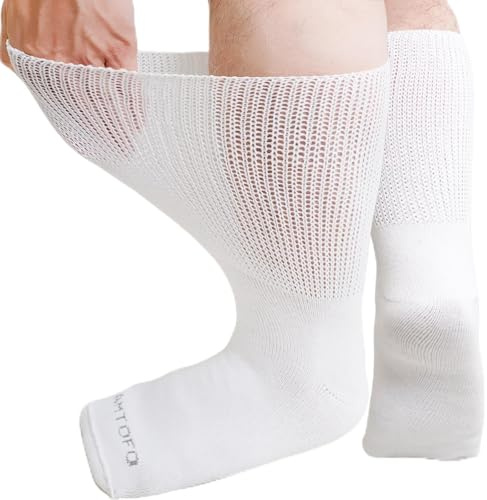 ZFSOCK Calcetines Diabeticos Hombre Mujer Sin Elástico Sin Goma Sin Costuras Algodón Confort Calcetines de Ajuste Holgado Blanco 3 Pares 47-50