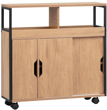 EUGAD Badezimmerschrank, Nischenschrank schmal, Badschrank mit 2 offenen Fächern, Verstellbarer Ablage, Schiebetüren, Nischenregal mit Rollen, 70x70x20 cm, schwarz helle Eiche
