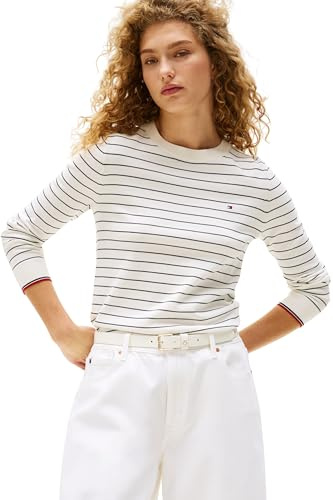 Tommy Hilfiger Damen Pullover Jersey Fine mit Rundhalsausschnitt, Mehrfarbig (Ivory Silk/Dark Night Navy Fine STP), M