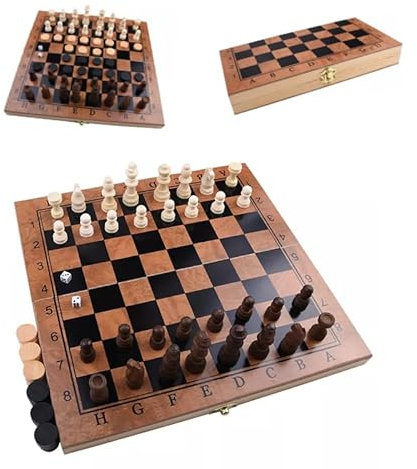 Flero Schachspiel aus Holz, 3 In 1 Schach, Dame, Backgammon, Schachbrett Klappbar, Schachbrett Holz Hochwertig Abschließbarer Koffer, Chess Set 29 x 29