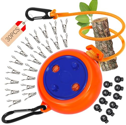 PQETBV 10m Corda da Bucato Esterno Portatile con 10 Fibbie Fisse e 20 Mollette Antivento, Set di Stendibiancheria Portatile, per Balcone Giardino Viaggio, Campeggio