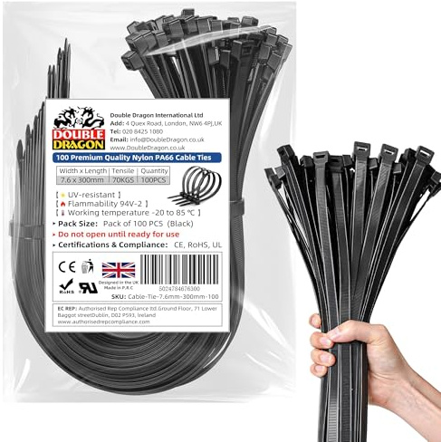 Double dragon 7.6 mm × 300 mm Heavy‑Duty PA66 Nylon Cable Ties - 100 Pack | 70 kg (154 lb) Tensile Strength | UV‑ & Weather‑Resistant Self‑Locking Zip Ties | CE • RoHS • UL