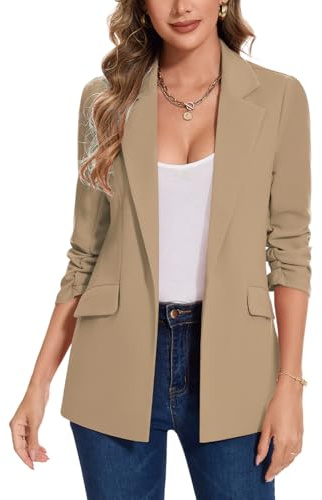 MINTLIMIT Womens Blazer Open Front Jacket 3/4 Ruched Sleeve Suit Front Lined Outerwear Notch Laple Flap Pockets