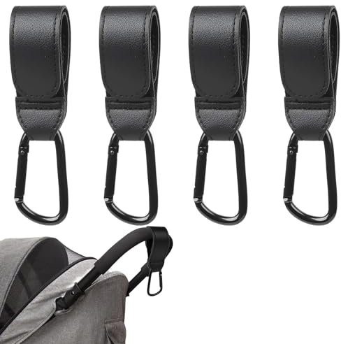 4 Stück Kinderwagen Haken,Kinderwagen Taschenhalter aus Leder,Kinderwagen Zubehör,Kinderwagenhaken für Wickeltaschen,Haken Kinderwagen,Kinderwagenhaken,Kinderwagen Haken Für Taschen(Schwarz)