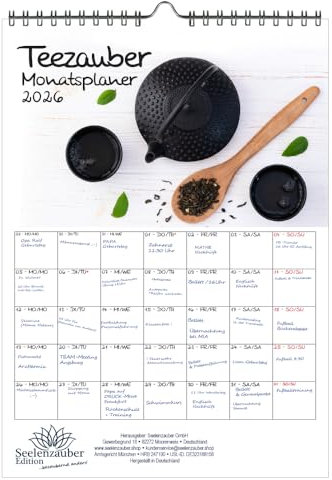 Teezauber Planificador DIN A4 calendario para té 2026 – Juego de regalo Contenido: 1 calendario, 1 colgante de Navidad (2 piezas en total)