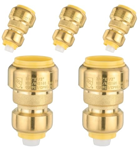 (5 Pack) Foskan 3/4 x 1/2 Reducing Coupling,Brass Push Fit Fittings, Push-to-Connect Coupler for Pex, Copper, CPVC Pipes,Includes Removal Clip