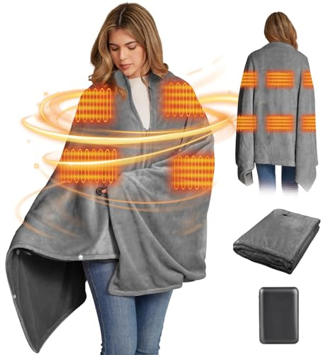 160x90cm Coperta Riscaldante Senza Fili con Batteria 16000 mAh Flanella Scialle Termico Plaid Ricaricabile USB 3 Impostazioni di Calore, 6 Zone di Riscaldamento per Divano, Ufficio, Viaggi, Campeggio