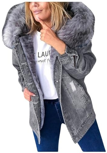 Generisch Veste en jean femme - Veste d'hiver chaude - Manteau en jean épais avec capuche - Surdimensionné - Cowboy Top - Fausse fourrure - Manteau d'hiver - Veste de transition - Doublé polaire