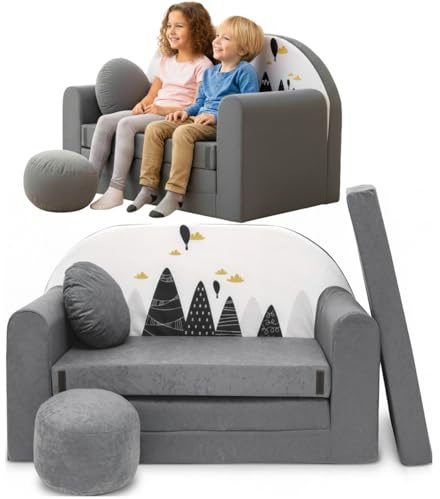 TUPPI Kindersofa Kinder Couch mit Schlaffunktion ausklappbar, 168x98cm, Set mit Kissen und Fußstütze, Spielsofa, Bettfunktion - Mädchen Jungen, Sitzsack Minisofa Schlafsofa Kinderzimmer (SWM-AX2)