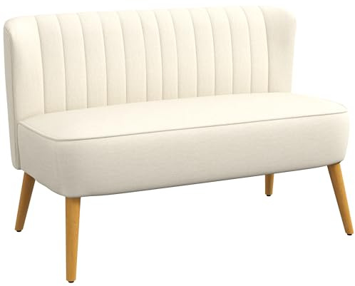HOMCOM Canapé 2 Places, canapé de Salon en Tissu Aspect Lin 117 cm, Assise et Dossier rembourrés et Pieds en Bois d'hévéa, Style Moderne, Sofa pour Chambre, Appartement, Petit Espace, crème