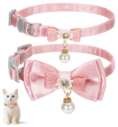 Jeffdad 2Pcs Cat Collar Breakaway, Pink Bowtie Cat Collar with Pearl Pendant Quick Release Safe Buckle Cute Cat Collars for Girl Cat