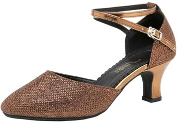 Chaussures de Danse Latine à Bride arrière Scintillantes avec Boucle, Semelle Souple antidérapante pour Confort Optimal, Talon mi-Haut, Escarpins habillés à Enfiler pour Femme (Brown, 41)
