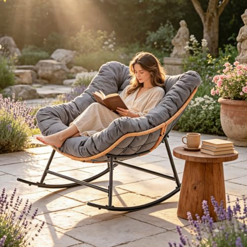 SJGUOJI Rocking Chair Indoor Outdoor, Oversized Papasan Chair with Thick Cushion, Modern Lounge Rocker, Indoor Recliner Wide Chairs for Balcony, Garden, Living Room Grey