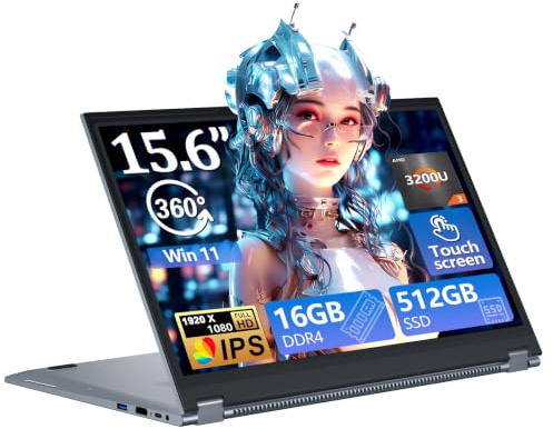 15,6 Pulgadas Ordenador Portátil Pantalla Táctil 2 en 1, Laptop 16GB RAM 512GB SSD, Win11 PC Portátil con Ryzen 3 3200U Procesador, Computadora Portátil 360° Pantalla Táctil 1080P FHD IPS Type-C RJ45