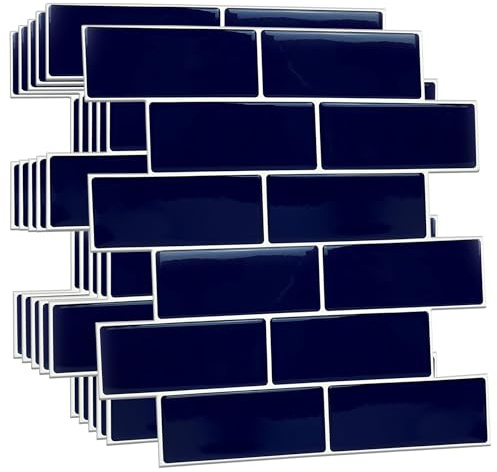 WALPLUS 3D Tile Stickers Peel and Stick Backsplash Splashback Decals Tile Transfer for Kitchen Bathroom Living Room Stick on Tile Waterproof Deep Blue 6 Sheets 30.5cm(12)