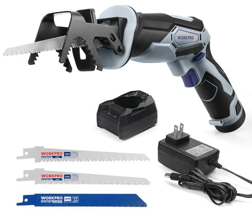 WORKPRO 12V Cordless Reciprocating Saw with Clamping Jaw, 2.0Ah Li-Ion Battery with 1 Hour Fast Charger, Variable Speed and Tool-Free Blade Change, 3 Saw Blades for Wood & Metal Cutting