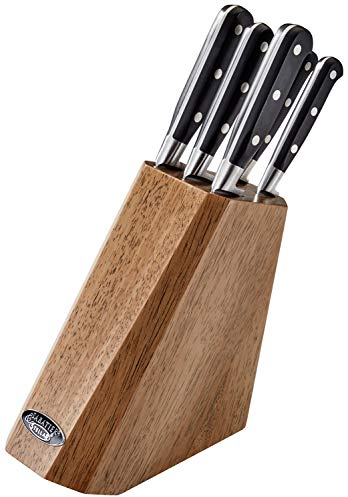 Stellar Classic Pine Knife Block with 5 Knives, Stainless Steel Razor Sharp Blades, Paring + Utility + Carving + Bread + Cooks Knife