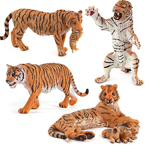 FLORMOON Animal Figures 4pcs Realistic Tiger Action Model Science Project, Learning Educational Toys, Birthday Gift, Cake Topper for Kids