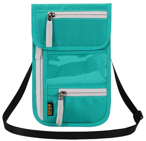 ihreesy Brustbeutel mit RFID-Blocker, Große Münzgeldbörse Reisetasche Wasserdicht Reisegeldbeutel Unisex Brusttasche Reise-Nackentasche mit Verstellbarem Riemen für Reisepass und Karten,Blau See