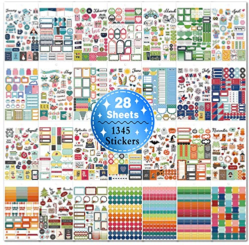 1345PCS Pegatinas Agenda, 28 Hojas Pegatinas de Planificador Pegatinas de Bullet Journal, Adhesivo para Planificador para Calendarios Planificación del Trabajo Presupuesto Planificador y Decoración