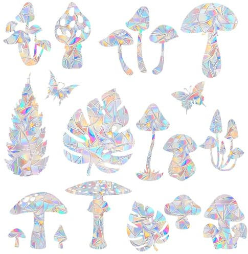 Shawula 44PCS Mushroom & 3 Leaf Window Clings - Anti-Collision Decals to Save Birds, Non-Adhesive Prismatic Vinyl, Rainbow Stickers (Rainbow 44 Pieces)