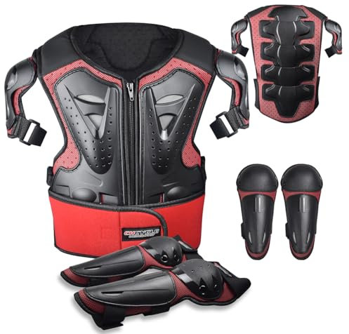 Equipement Dirt Bike pour Enfants Equipement de Protection pour la Moto Motocross Armor Suit Protections de Poitrine et de Dos, Genoux et Coudes pour Le Cyclisme (Rouge)