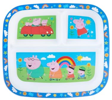 Peppa Pig Hooray - Plato dividido de 3 secciones para niños, sin BPA, duradero y colorido para niños pequeños y niños, perfecto para comidas equilibradas