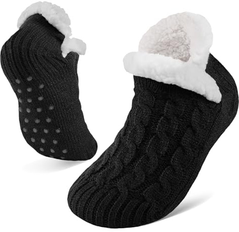 Niorasen Fluffy Slipper Socks Women Men, Warm Bed Socks with Grippers, Thick Cosy Non-Slip Winter Sock, Ladies Girls Women Gift for Christmas, Indoor Home House, UK 4-9, Black