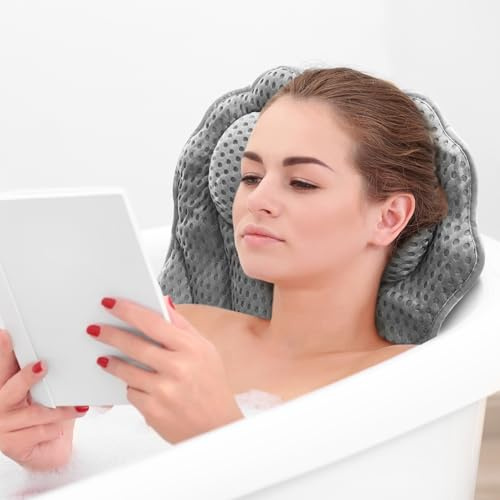 Truserv Ergonomic Luxury Bathtub Pillow with Head Neck Shoulder and Back Support 4D Bath Pillows with 6 Powerful Non-Slip Suction Cups (Grey)
