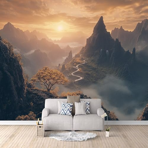 Papel Pintado 3D Atardecer En Las Montañas 300x210 cm Fotomurales Tejido No Tejido, Bosque Papel Tapiz Grande Murales Fotográfico Moderno Decoración de Paredes