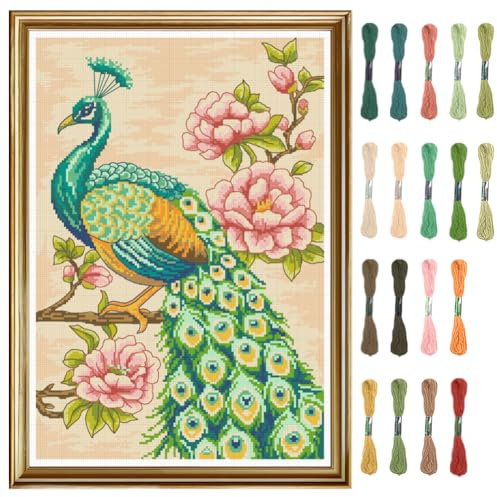 FREEBLOSS 11CT Juego de punto de cruz de pavos reales estampados kits de bordado estampado con instrucciones para colgar en la pared para punta de aguja para adultos, decoración de pared 35 x 50 cm